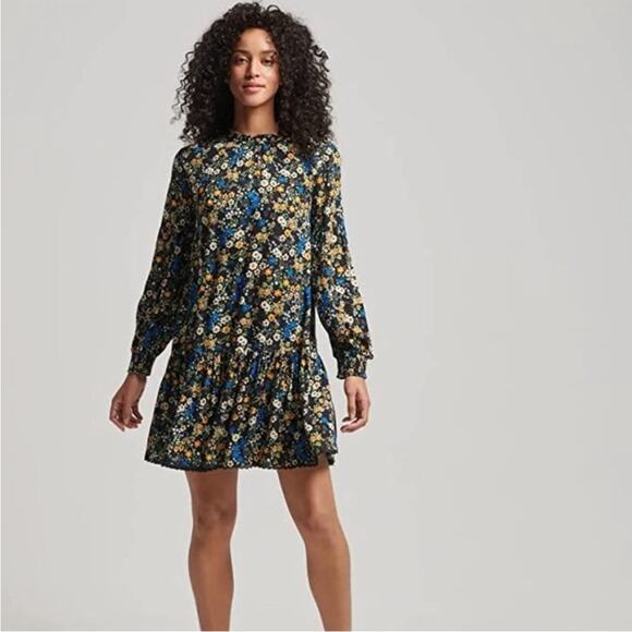 Superdry Dresses & Skirts - NWT Superdry Black Ditsy Floral High Neck Mini Dress XS